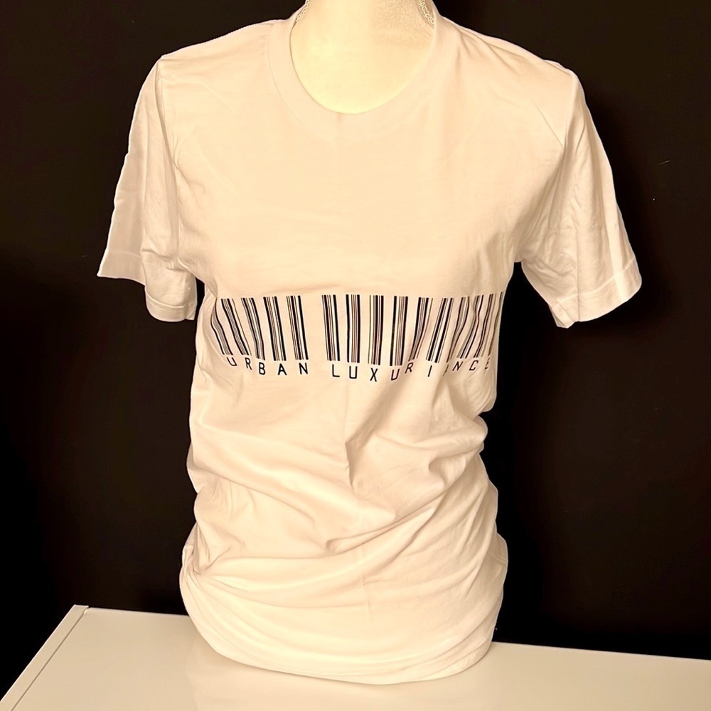 BELLA Canvas White Urban Luxuriance Barcode T shirt - Picture 1 of 3